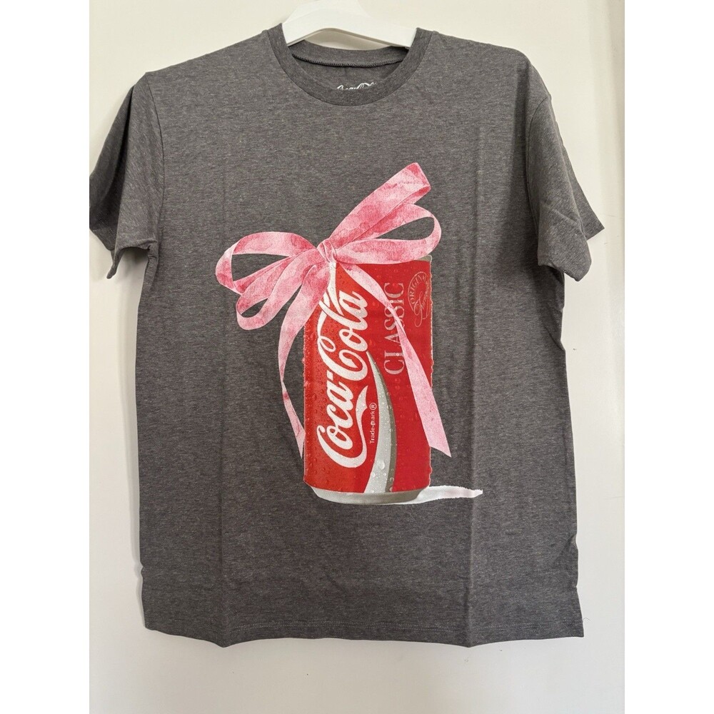 Coca‑Cola Women’s Size Large Classic Red Can Pink Bow Gray Graphic T‑Shirt NWT